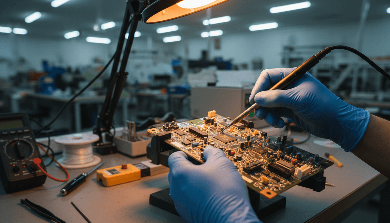 Electronics technician assembling a precision PCB board in manufacturing workspace