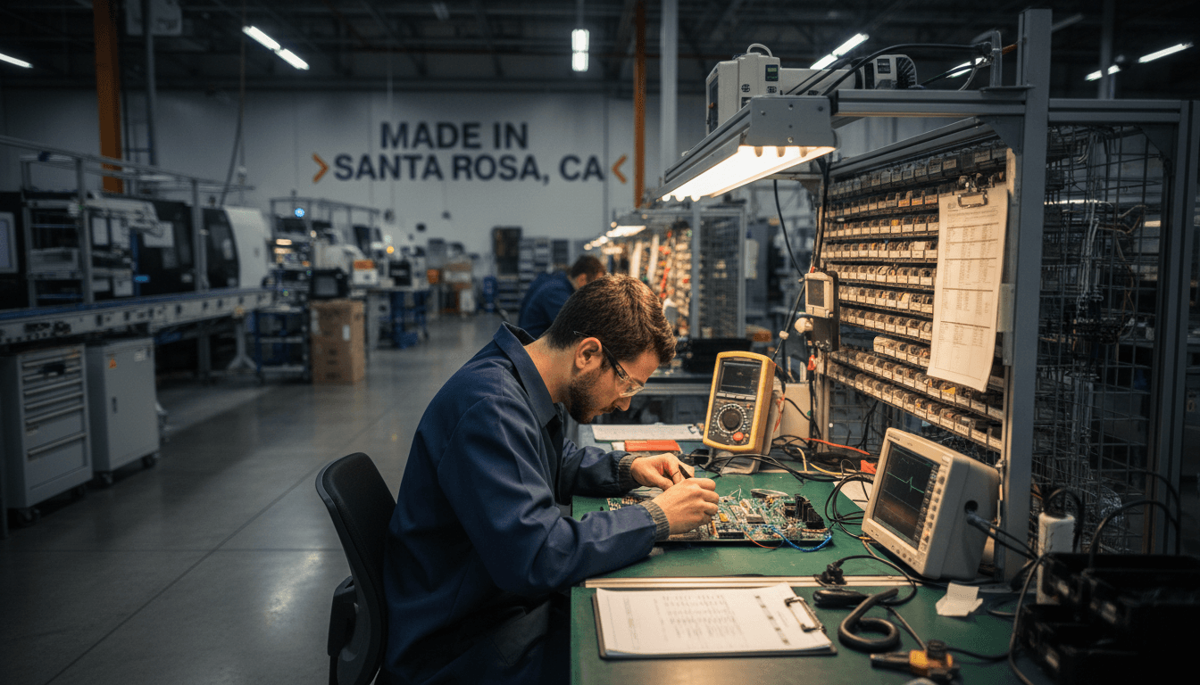 Precision electronics assembly workstation at AEI Manufacturing facility in Santa Rosa, CA
