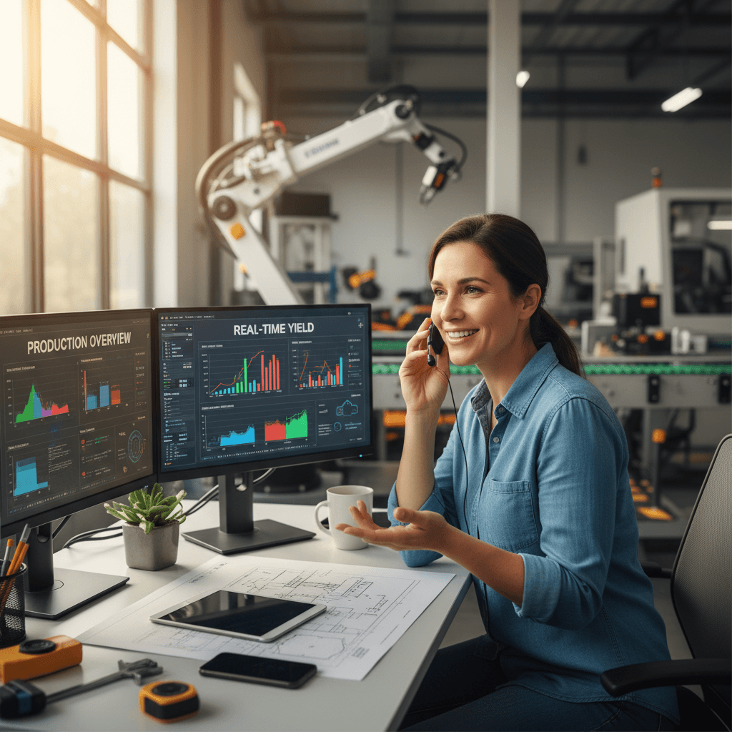 Engineer collaborating and communicating in real-time about production