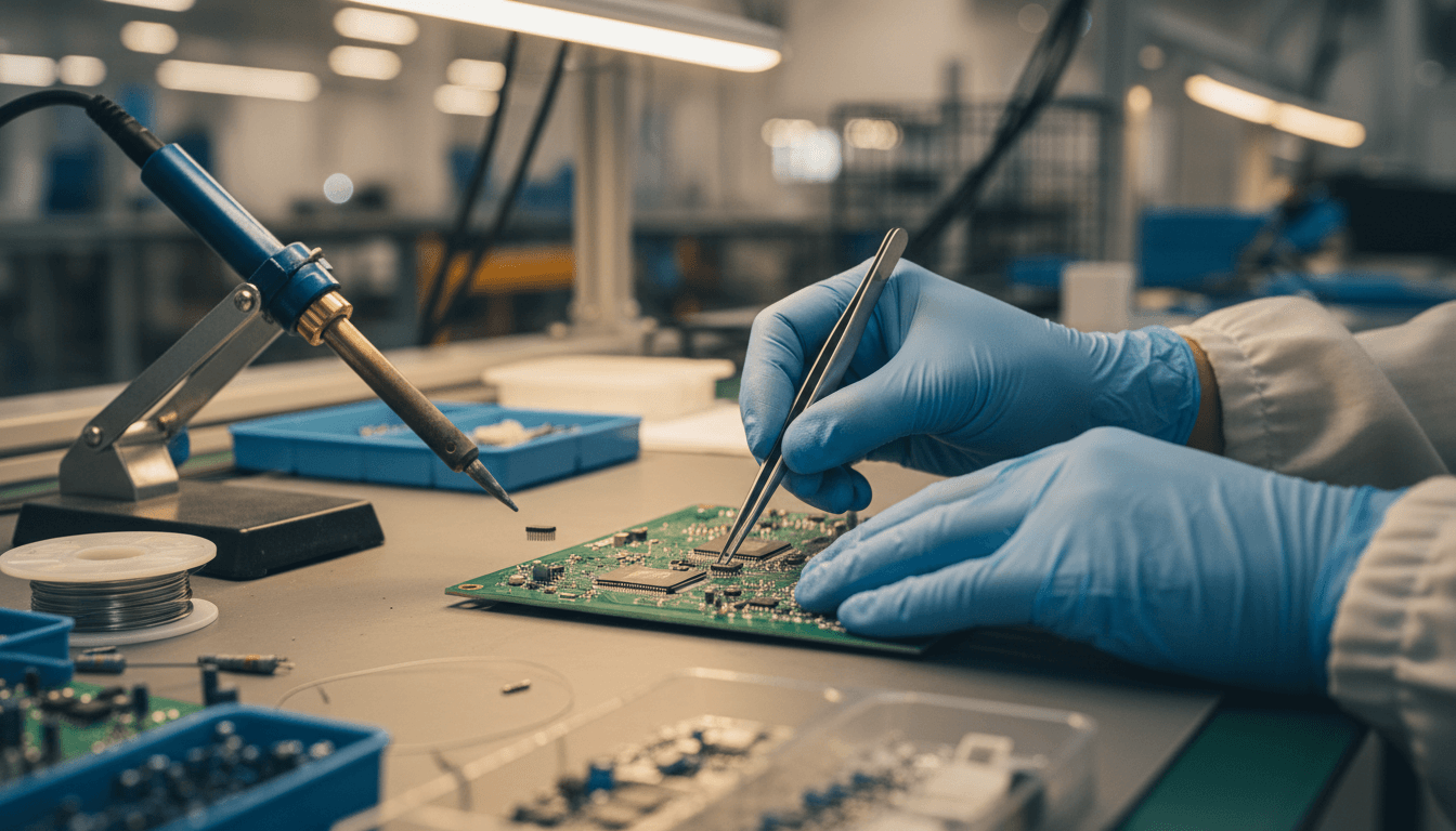 Technician carefully assembling electronic components on a PCB with precision tools